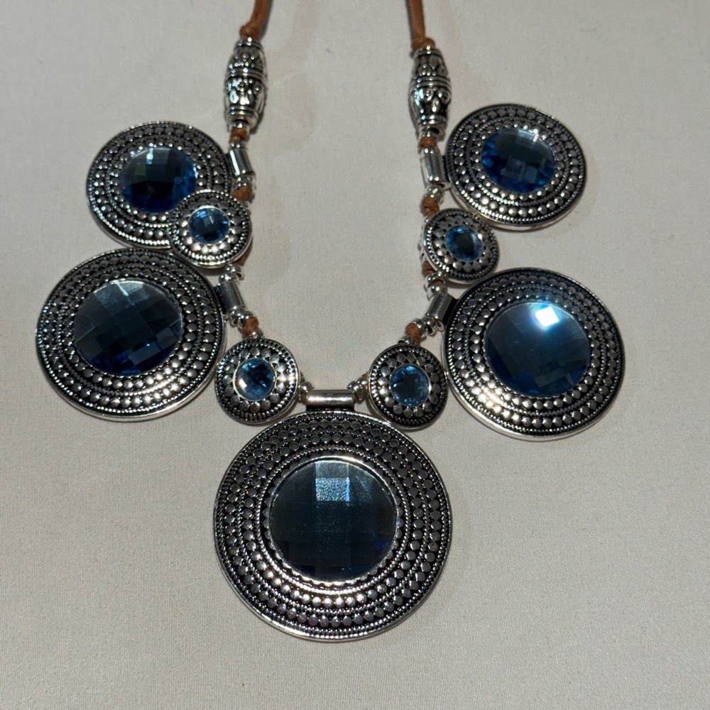 NWT St Thomas bib necklace with round blue stones & brown cord 19” plus 3” exten